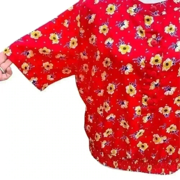 Vintage Notations Red & yellow floral Short Sleeve Button Shirt polka dots M - Picture 6 of 10